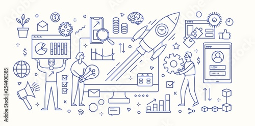 Modern banner template with computer, diagrams, charts, flying spacecraft and group of people working under innovative startup business project launch. Monochrome vector illustration in linear style.