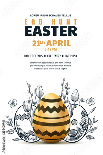 Easter holiday poster, banner or flyer template with white background and place for text. Vector illustration.