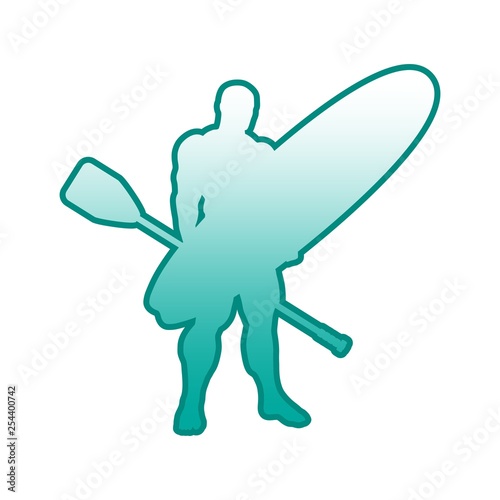 Man posing with surfboard and paddle. Vintage surfing outline emblem. Stand up paddle boarding