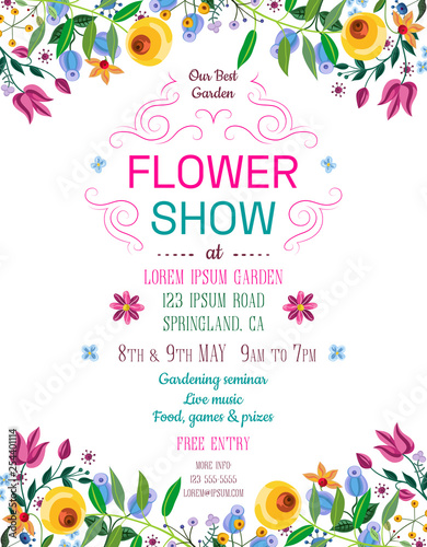 Flower show announcing poster template. Garden party layout with fancy flowers in folk painting style.