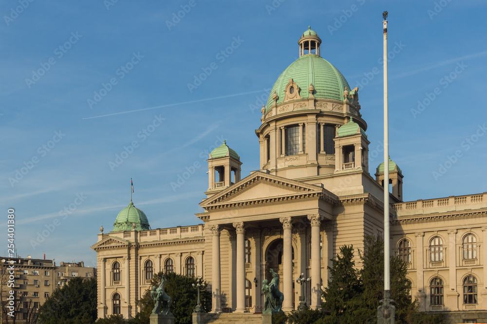 National Assembly of the Republic in the center of city of Belgrade, Serbia