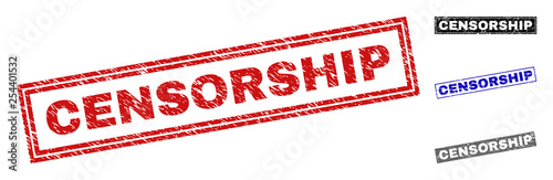 Grunge CENSORSHIP rectangle stamp seals isolated on a white background. Rectangular seals with grunge texture in red, blue, black and gray colors.
