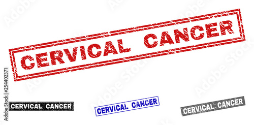 Grunge CERVICAL CANCER rectangle stamp seals isolated on a white background. Rectangular seals with grunge texture in red, blue, black and gray colors.