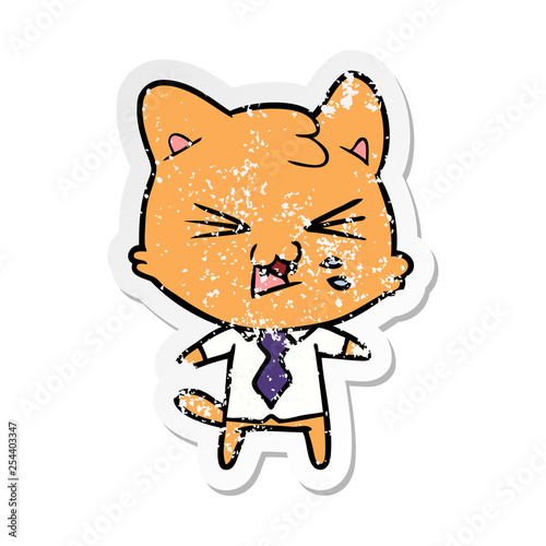 distressed sticker of a cartoon hissing cat