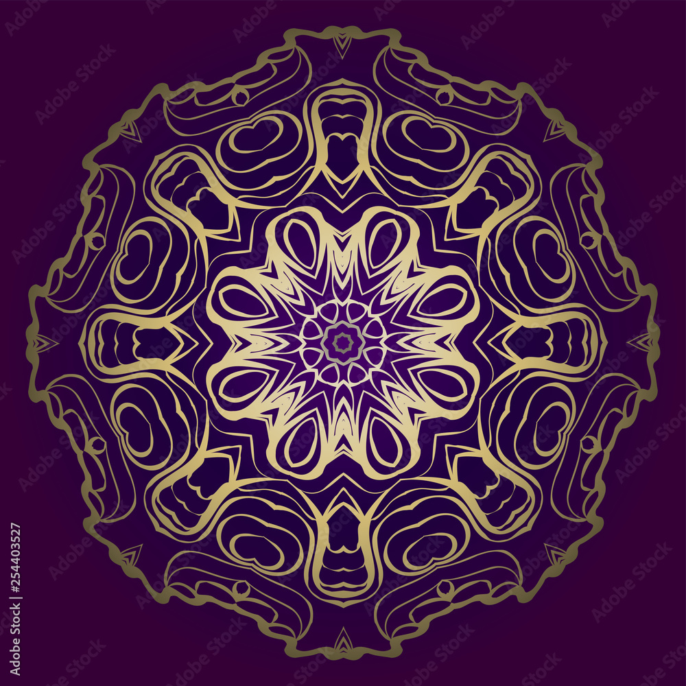 Flower Round Pattern. Vector Illustration. For Design, Invitation Wedding, Valentine's, Background, Wallpaper, Interior. Purple gold color