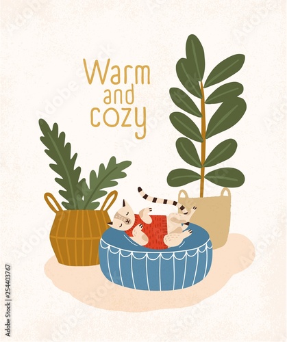 Cute cat sleeping on round ottoman, houseplants and Warm And Cozy slogan. Room with comfy furnishings, comfortable house or apartment decorated in Scandinavian hygge style. Flat vector illustration.