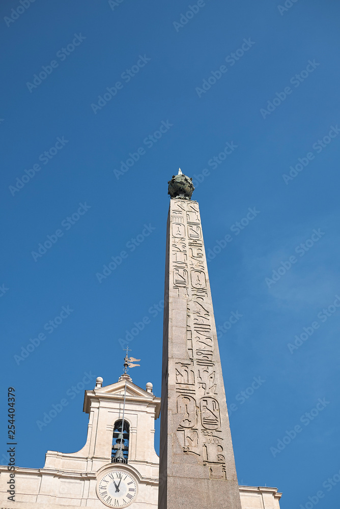 Roma, Italy - February 09, 2019 : View of the Montecitorio obelisk and Palazzo Montecitorio on the background