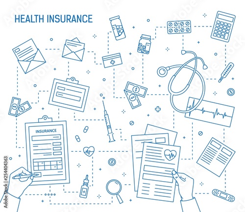 Square banner with hands filling out document of health insurance surrounded by medicines, medical tools, money bills, coins drawn with contour lines. Monochrome vector illustration in lineart style.