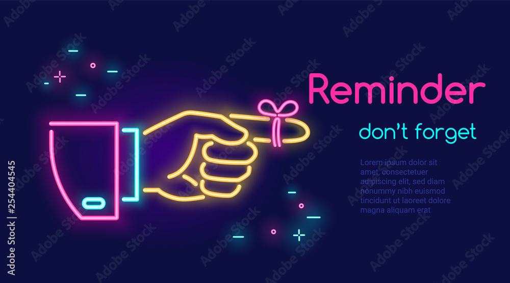 Human hand pointing finger and red tape on the finger in neon light style with text reminder dont forget on dark purple background