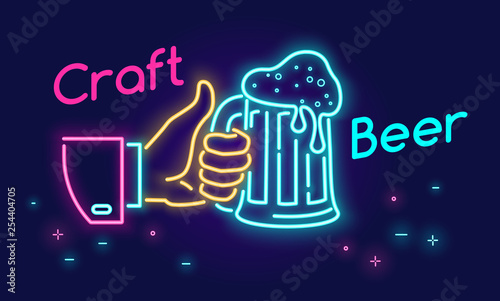 Craft beer glass and thumbs up symbol icon in neon light style on dark background.