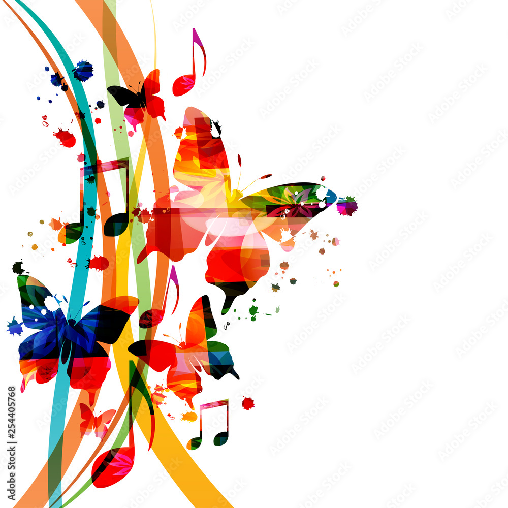 Fototapeta Music background with colorful music notes vector illustration design. Artistic music festival poster, live concert events, party flyer, music notes signs and symbols