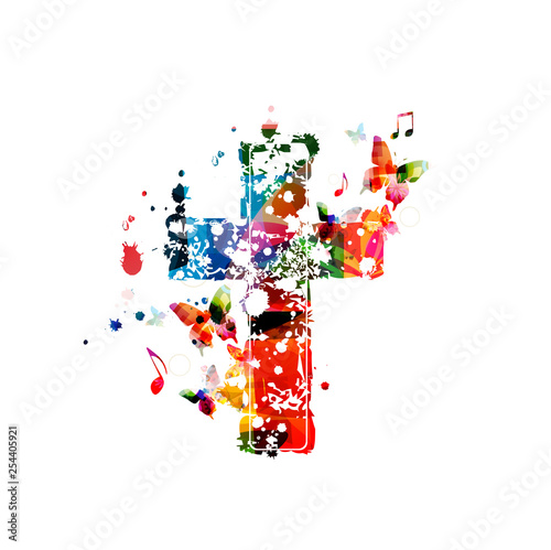 Colorful christian cross with music notes isolated vector illustration. Religion themed background. Design for gospel church music, concert, festival, choir singing, Christianity, prayer