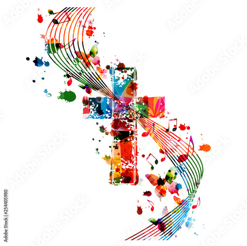 Colorful christian cross with music notes isolated vector illustration. Religion themed background. Design for gospel church music, concert, festival, choir singing, Christianity, prayer