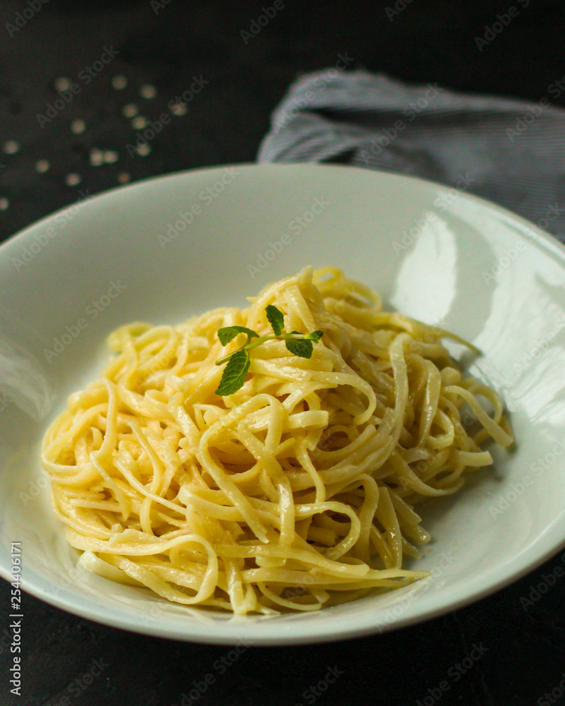pasta, Spaghetti or Bucatini - portion. Italian food. top view