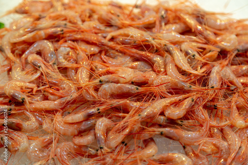 Shrimps prawns background. Top view, closeup.