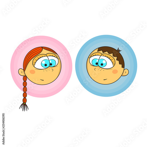 Vector children faces of boy and girl in cute cartoon style. EPS 10.