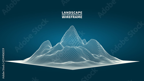 Abstract wireframe background. 3D grid technology illustration landscape. Digital Terrain Cyberspace in the Mountains with valleys. Data Array. | EPS10 Vector.