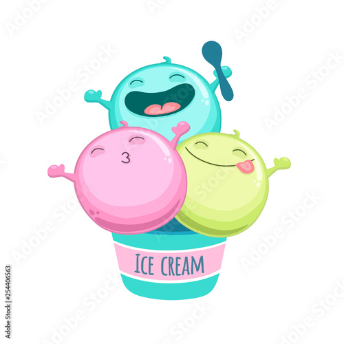 Ice cream ball cartoon characters in paper cup with little spoon. Cute vector illustration isolated on white background.