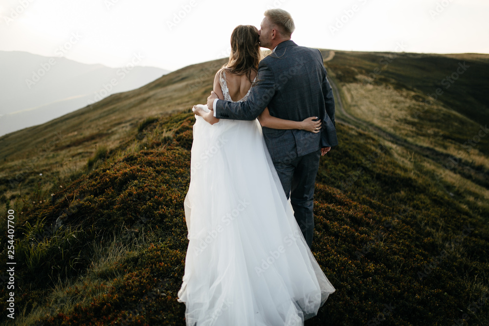 Beautiful wedding couple, bride and groom, in love on the background of mountains