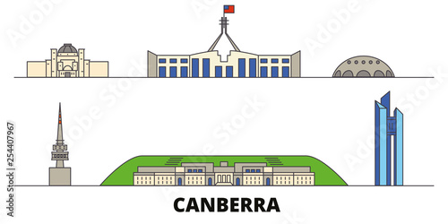 Australia, Canberra flat landmarks vector illustration. Australia, Canberra line city with famous travel sights, design skyline. 