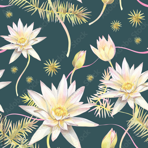 Seamless pattern with flowers of lotos and  algae. Hand painted watercolor illustration.