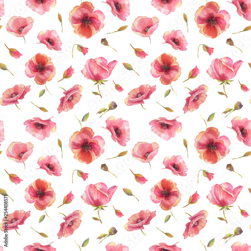Seamless pattern with flowers of poppy. Hand painted watercolor illustration. 