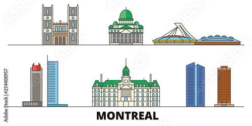 Canada, Montreal flat landmarks vector illustration. Canada, Montreal line city with famous travel sights, design skyline. 