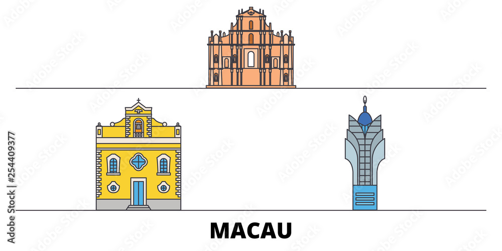 China, Macau flat landmarks vector illustration. China, Macau line city ...