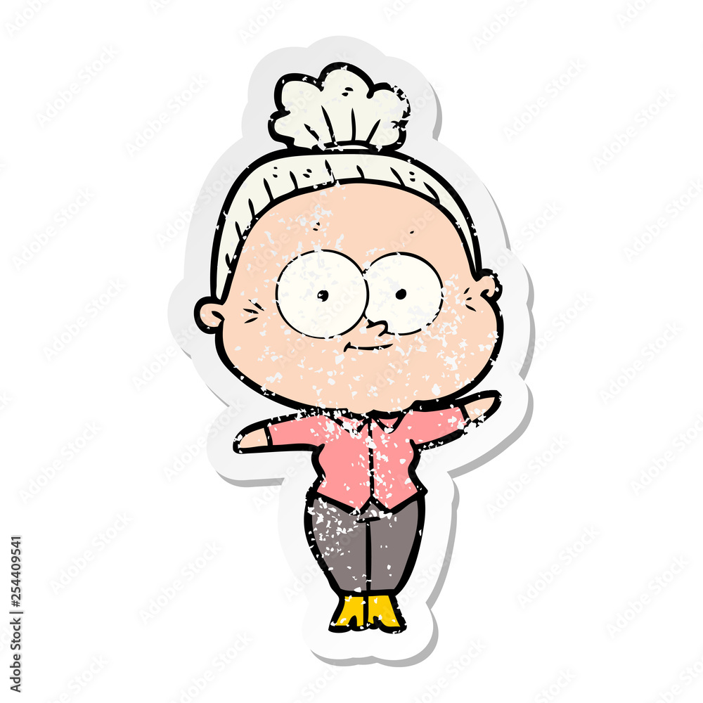distressed sticker of a cartoon happy old woman distressed sticker of a cartoon happy old woman
