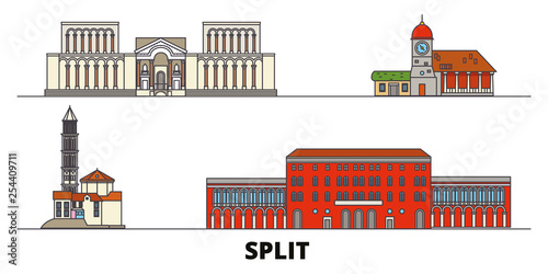 Croatia, Split flat landmarks vector illustration. Croatia, Split line city with famous travel sights, design skyline. 
