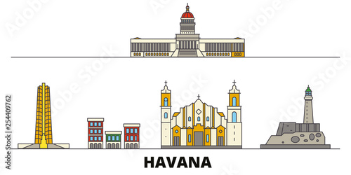 Cuba, Havana flat landmarks vector illustration. Cuba, Havana line city with famous travel sights, design skyline. 
