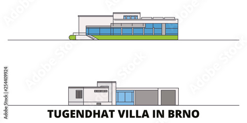 Czech Republic, Brno, Tugendhat Villa flat landmarks vector illustration. Czech Republic, Brno, Tugendhat Villa line city with famous travel sights, design skyline. 