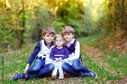 Portrait of three siblings children. Two kids brothers boys and little cute toddler sister girl having fun together in autumn forest. Happy healthy family playing, walking, active leisure on nature