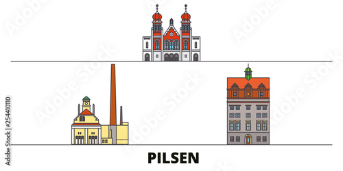 Czech Republic, Pilsen flat landmarks vector illustration. Czech Republic, Pilsen line city with famous travel sights, design skyline. 