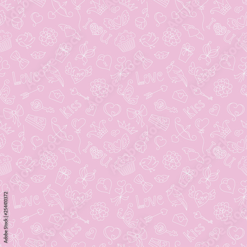 Valentine's day seamless pattern. Heart, wings, crown, butterfly,bow, key, bird, gift, love, heart, kiss, rose, letter, lips. A cartoon vector illustration.