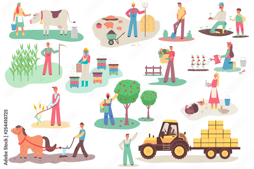 Farmers working on the farm. Men and women vector cartoon flat characters set in different actions isolated on white background. Agriculture illustration. Farmers working on the farm. Men and women vector cartoon flat characters set in different actions isolated on white background. Agriculture illustration.