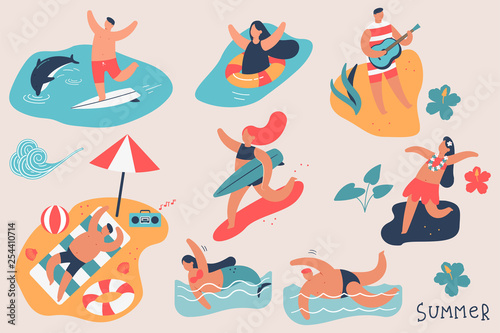 Fototapeta Naklejka Na Ścianę i Meble -  Summer people vector cartoon character set. Man and woman on the beach, swim in the ocean, surf, sunbathing isolated on background.