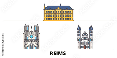 France, Reims flat landmarks vector illustration. France, Reims line city with famous travel sights, design skyline. 