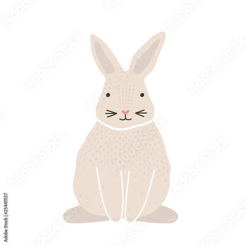 Cute lovely pretty white bunny, rabbit or hare isolated on white background. Funny adorable pet or wild forest animal, Easter symbol or mascot. Colorful vector illustration in flat cartoon style.