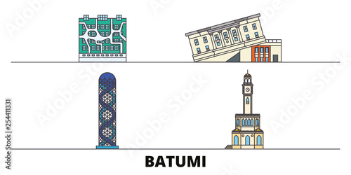 Georgia, Batumi flat landmarks vector illustration. Georgia, Batumi line city with famous travel sights, design skyline. 