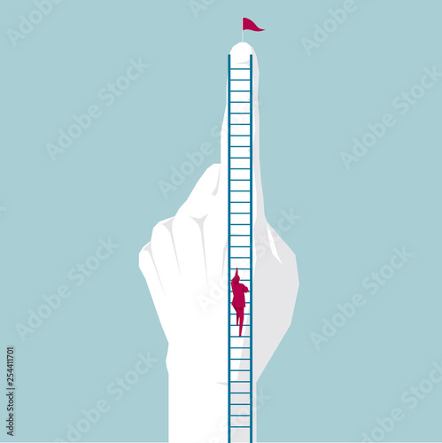 Businessman climbs on the finger. Isolated on blue background.