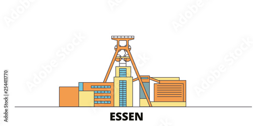 Germany, Essen, Zollverein Coal Mine Industrial Complex flat landmarks vector illustration. Germany, Essen, Zollverein Coal Mine Industrial Complex line city with famous travel sights, design skyline
