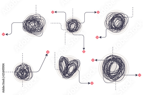 Doodle tangled knot different shapes with an arrow. Scribble messy lines vector set isolated on white background.