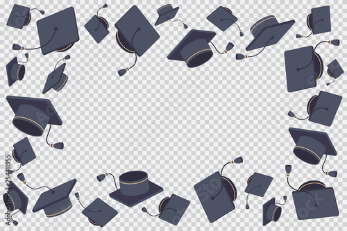 Border or frame with flying graduate cap vector cartoon illustration isolated on a transparent background.