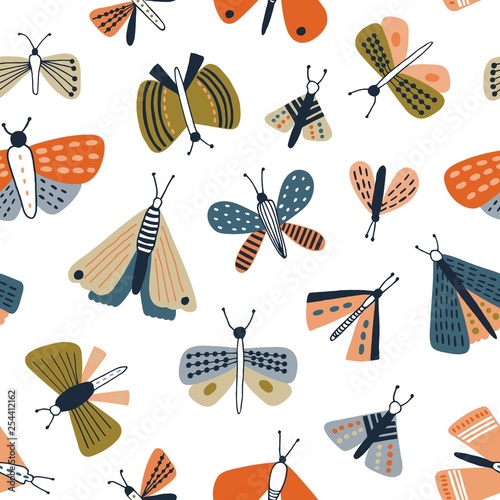 Childish seamless pattern with colorful moths on white background. Backdrop with butterflies, flying nocturnal winged insects. Flat vector illustration in naive style for textile print, wallpaper.