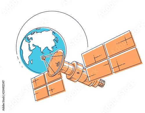 Communication satellite flying orbital spaceflight around earth, spacecraft space station with solar panels and satellite antenna plate. Thin line 3d vector illustration.