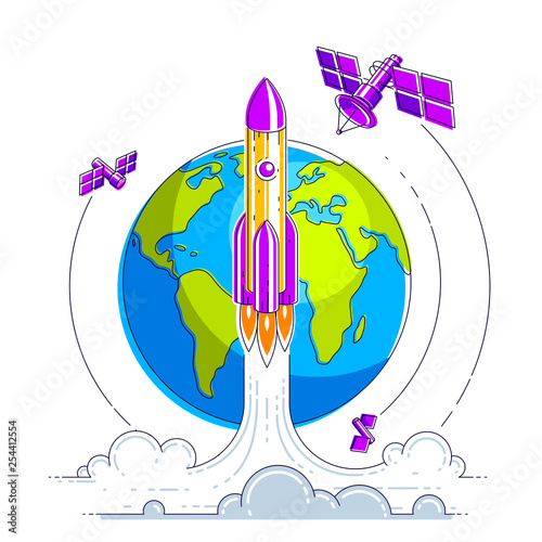 Satellites flying orbital flight around earth, communication technology spacecraft space stations with solar panels and satellite antenna plate. Thin line 3d vector illustration.