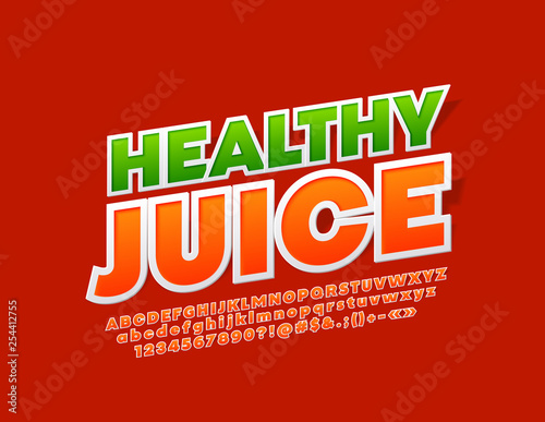 Vector colorful emblem Healthy Juice. Sticker Font. Bright Alphabet Letters, Numbers and Symbols. 