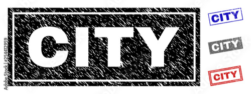 Grunge CITY rectangle stamp seals isolated on a white background. Rectangular seals with grunge texture in red, blue, black and gray colors. Vector rubber overlay of CITY tag inside rectangle frames.