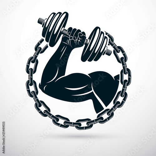 Vector illustration of athletic sportsman biceps arm holding dumbbell and surrounded by iron chain, symbol of strength and healthy lifestyle. Fitness workout.